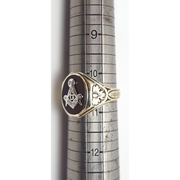 Vintage 14K Solid Two Tone Multi Color Gold Cornelian Masonic Diamond Ring - Picture 16 of 16